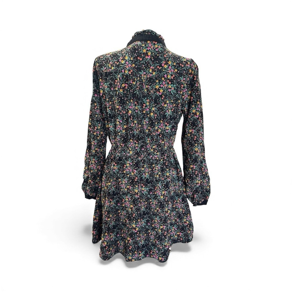 LOST+WANDER Black Floral Print Button Front Tie Waist‎ Long Sleeve Shirt Dress M - Picture 3 of 8